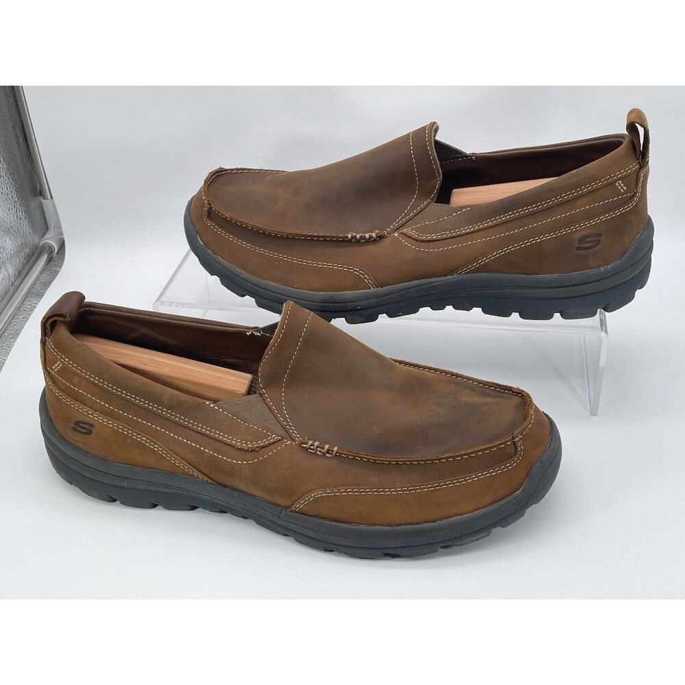 Skechers Brown Leather Slip On Loafers Men’s Size 10.5 Casual Comfort Shoes